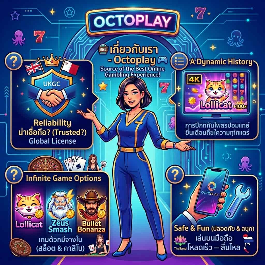 A **1:1 square** infographic advertisement for **"เกี่ยวกับเรา - Octoplay"** (About Us - Octoplay) in a vibrant, neon-blue **Modern Vector** style. The image features a professional Asian female presenter in a blue uniform standing in front of a glowing digital gateway.

The layout is divided into four distinct info-panels:
* **Top Left (Reliability):** Displays the UKGC and MGA global license shields with a "Handshake" icon, titled **"Reliability น่าเชื่อถือ? (Trusted?)"**.
* **Top Right (A Dynamic History):** Features a 4K monitor showing the game **"Lollicat"** with high-quality graphics.
* **Bottom Left (Infinite Game Options):** Shows character icons for **Lollicat, Zeus Smash, and Bullet Bonanza** with casino elements like a roulette wheel and playing cards.
* **Bottom Right (Safe & Fun):** Shows a hand holding a smartphone with the Octoplay logo next to a wrench icon, with the Thai flag and text emphasizing a **Safe & Fun** mobile experience.

The background is a dark tech-blue with neon circuit lines, floating "7" symbols, and small purple octopuses. The main header reads: **"เกี่ยวกับเรา - Octoplay"**.