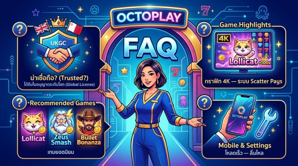 A 1:1 square infographic-style advertisement for **Octoplay FAQ** in a vibrant, neon-blue **Modern Vector** style. The image features a professional Asian female presenter in a blue uniform standing in front of a glowing digital gateway labeled **"OCTOPLAY FAQ."**
The layout is divided into four distinct info-panels:
* **Top Left (Reliability):** Displays the UKGC and MGA global license shields with a "Handshake" icon, titled **"Reliability น่าเชื่อถือ? (Trusted?)"**.
* **Top Right (Game Highlights):** Features a 4K monitor showing the game **"Lollicat"** with the text **"กราฟิก 4K — ระบบ Scatter Pays"**.
* **Bottom Left (Recommended Games):** Shows character icons for **Lollicat, Zeus Smash, and Bullet Bonanza** under the heading **"Recommended Games เกมยอดนิยม"**.
* **Bottom Right (Mobile & Settings):** Shows a hand holding a smartphone with the Octoplay logo next to a wrench icon, titled **"Mobile & Settings เล่นบนมือถือ โหลดเร็ว — ลื่นไหล"**.
The background is a dark tech-blue with neon circuit lines, floating "7" symbols, and small purple octopuses. All text is a mix of English and Thai.