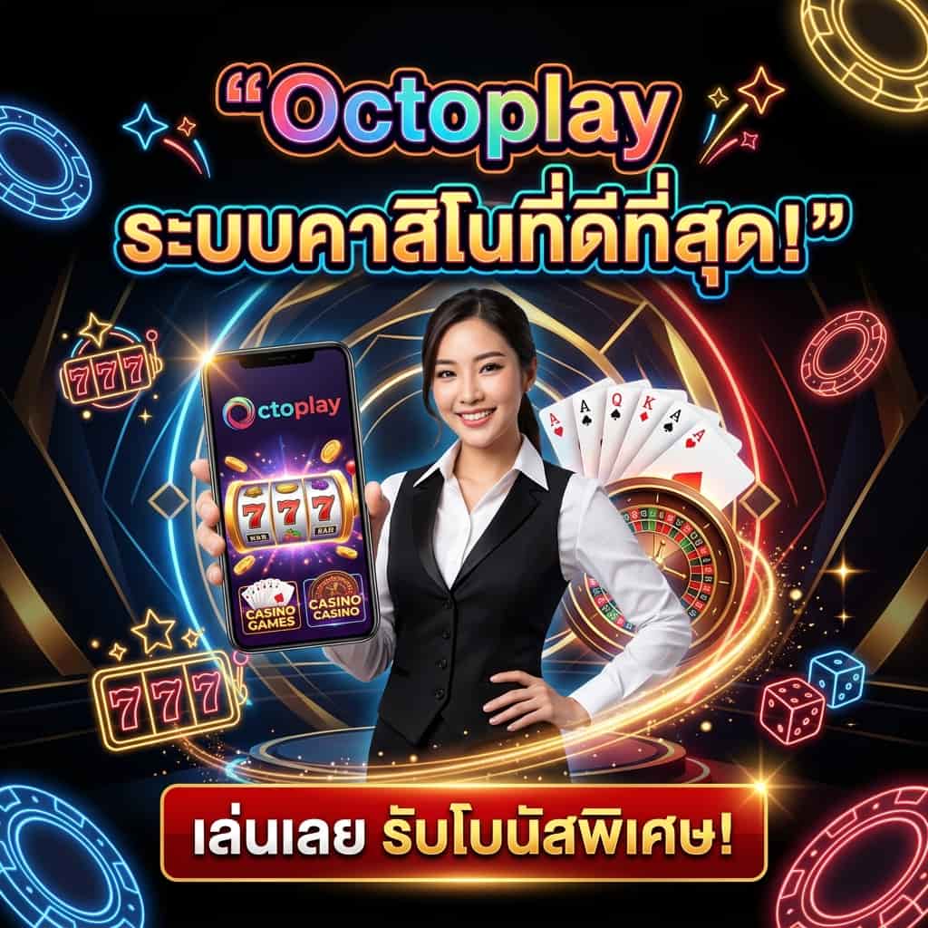 Vibrant online casino theme with Asian female presenter showcasing Octoplay platform, inviting viewers to explore the best online gaming experience in Thailand 2026
