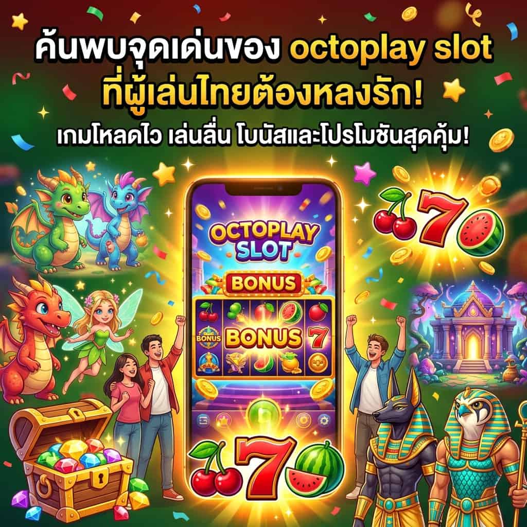 Promotional image highlighting features of octoplay slot for Thai players, showcasing smartphone display of colorful games with thematic elements like fantasy, adventure, and fruit symbols, alongside bold Thai text.