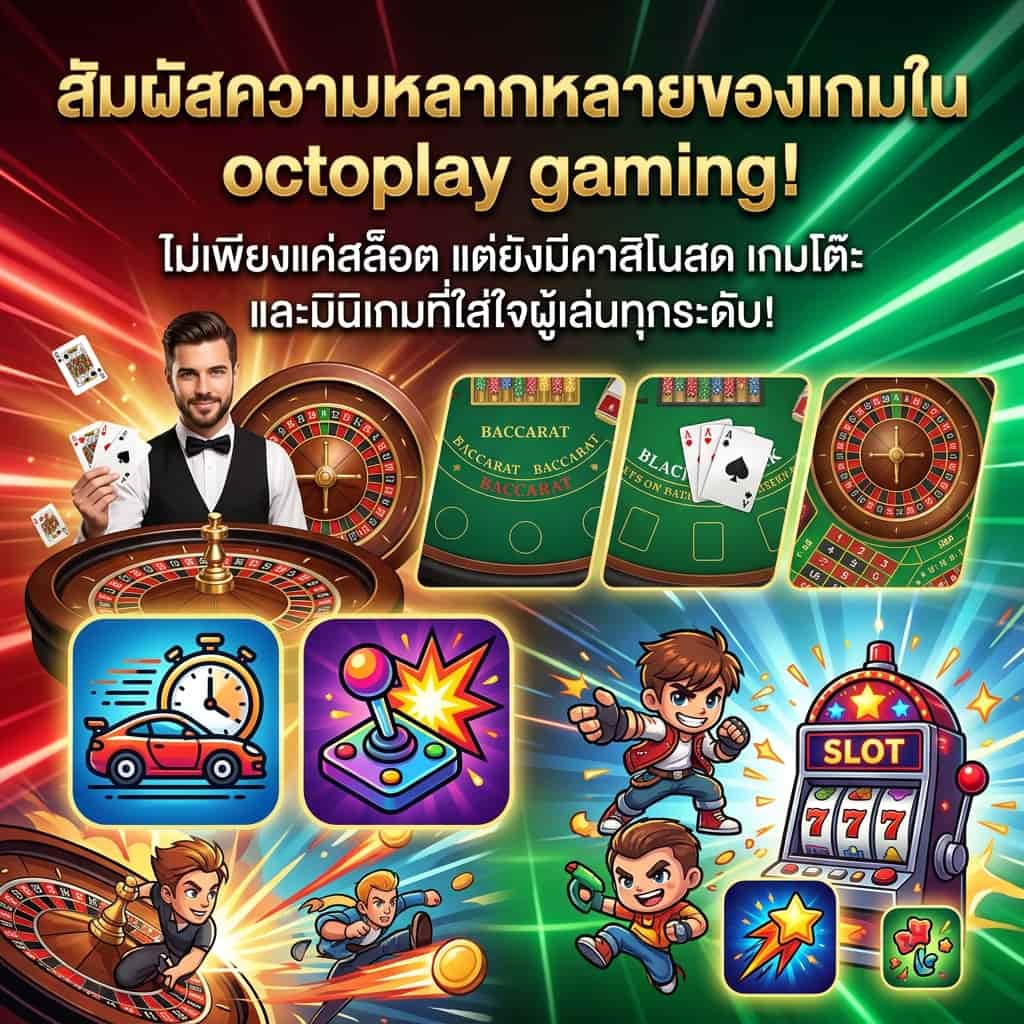 Promotional image showcasing the diverse range of games in octoplay gaming, including live casino, table games, and arcade options, with engaging Thai text highlighting the variety available