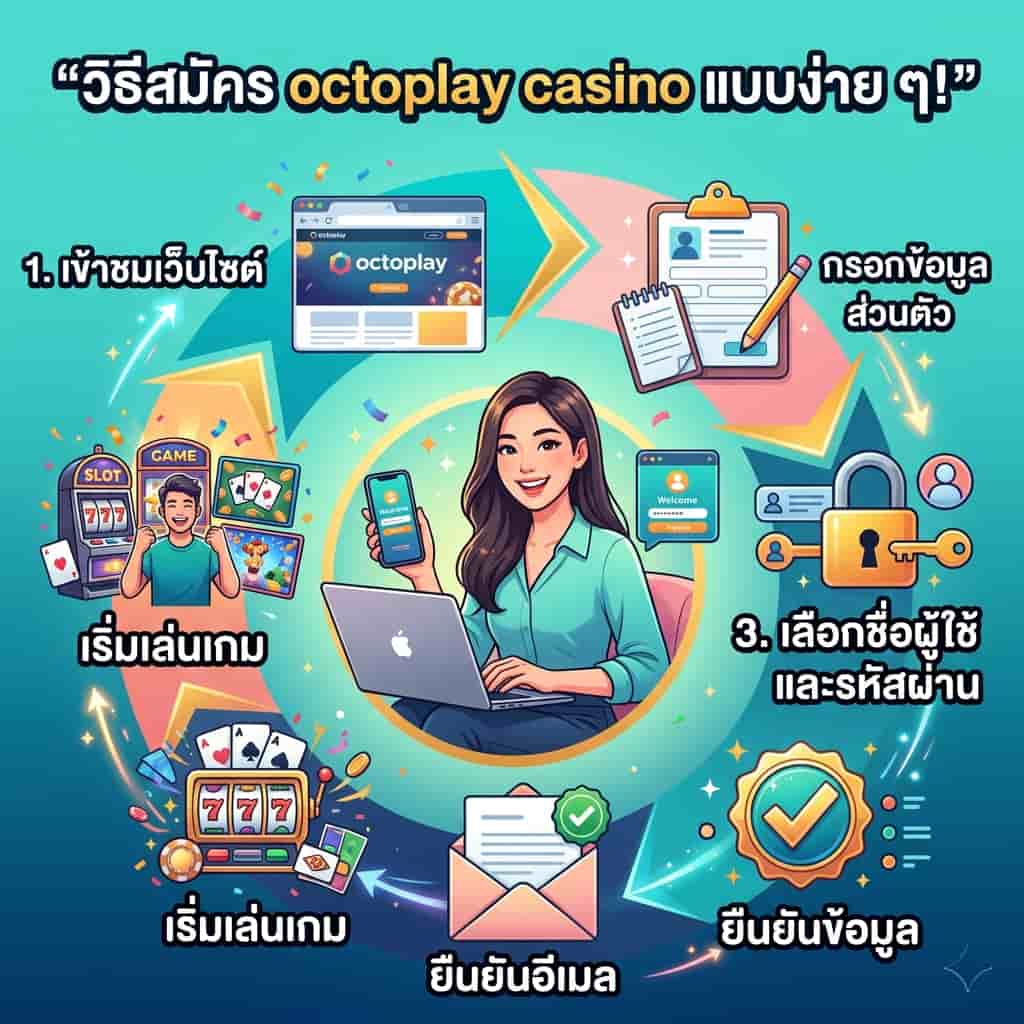 Visual guide showing simple sign-up process for octoplay casino featuring a friendly Asian female presenter, colorful icons for each step, and engaging Thai text