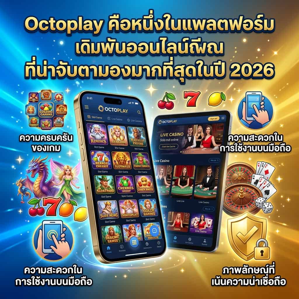 Vibrant promotional image for Octoplay, showcasing its modern mobile interface with slots and casino games, emphasizing its reliability and user-friendly design for Thai players in 2026